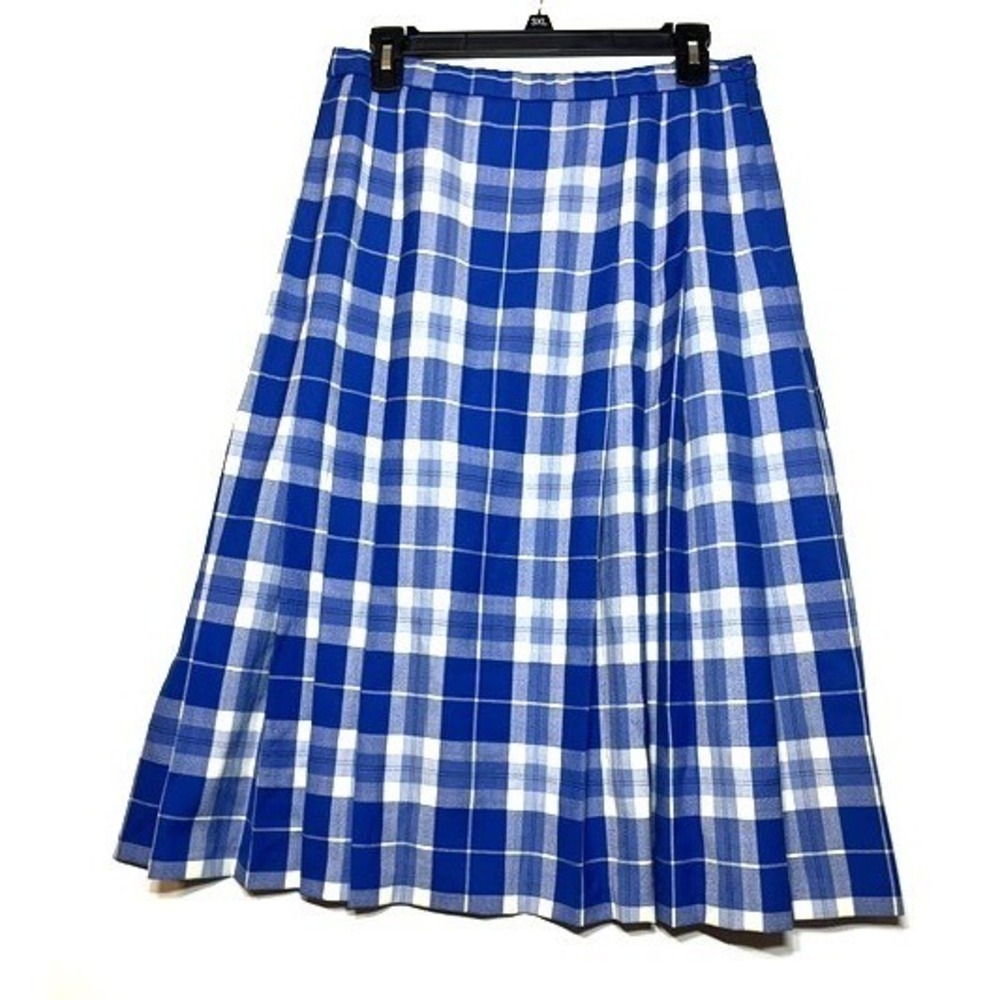 Vintage Pendleton Blue Plaid Pleated Tartan Petite 100% Virgin Wool Skirt Sz 12
